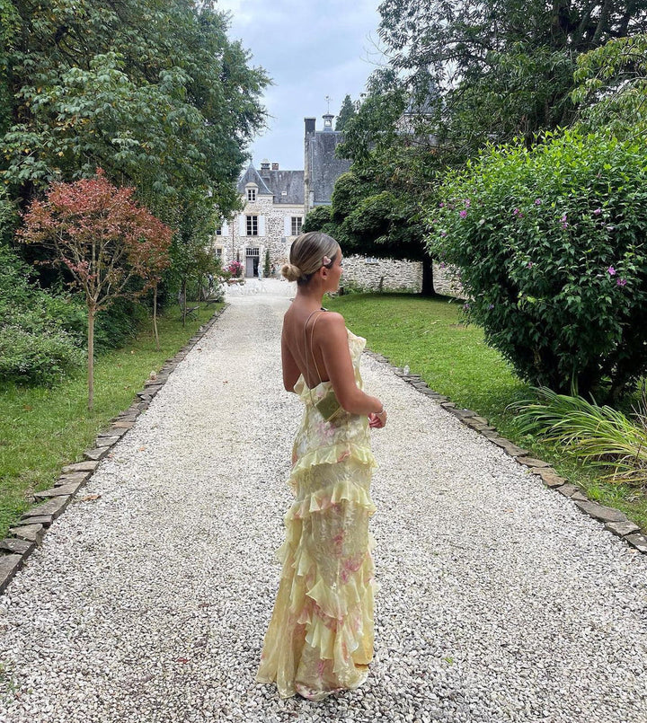 Stylish women's open-back ruffle maxi dress, ideal for summer parties, evening events, & special occasions.