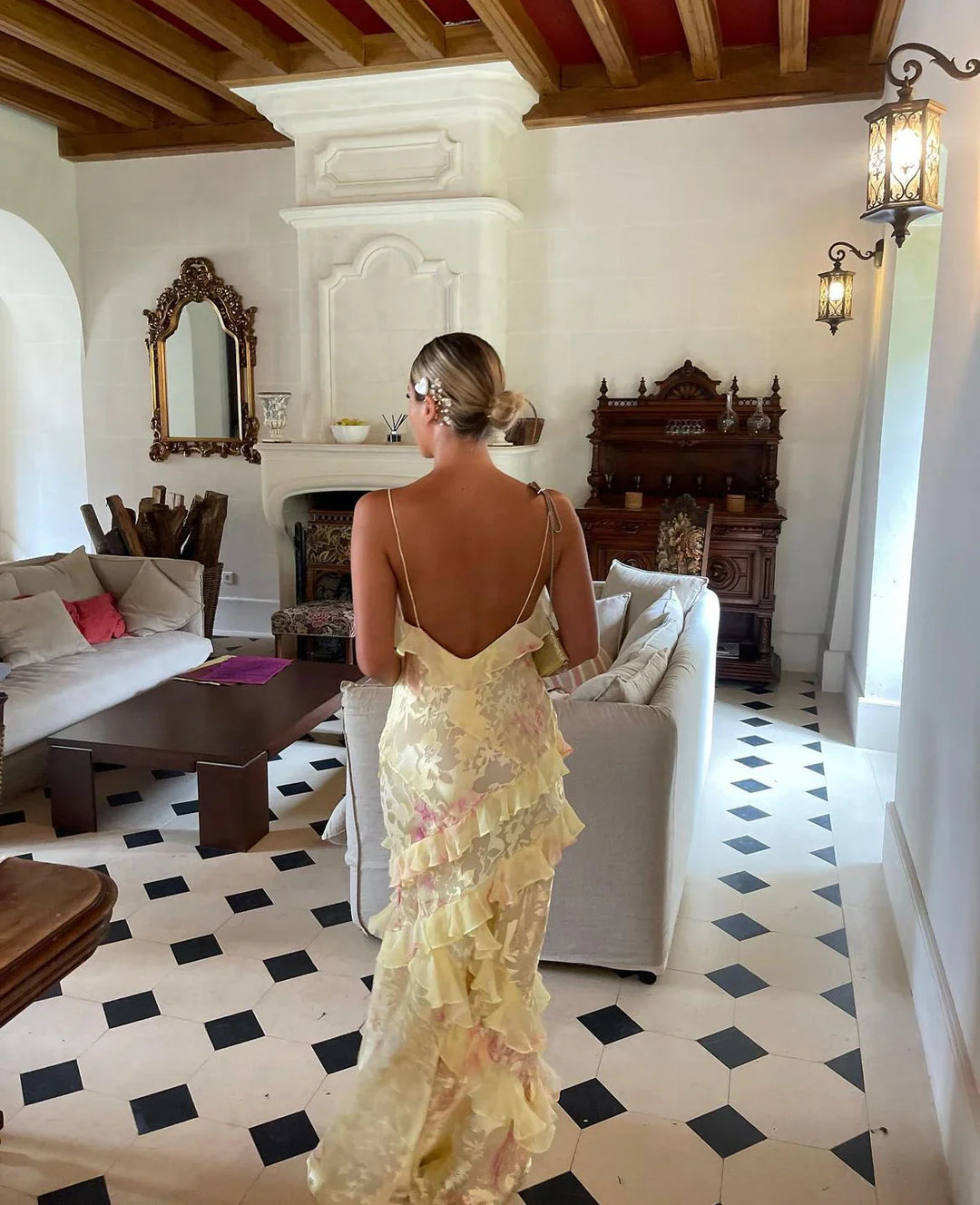 Beautiful women's ruffle maxi dress, an elegant open-back design perfect for evening wear, parties & events.