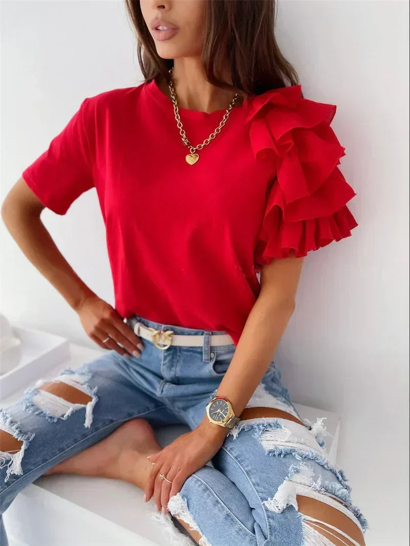 Elegant women's ruffle sleeve top in a chic red, perfect for spring/summer fashion. Versatile statement blouse.