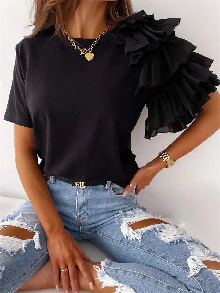 Chic women's ruffle sleeve blouse with a unique design, ideal for casual or elegant looks. Available in white.