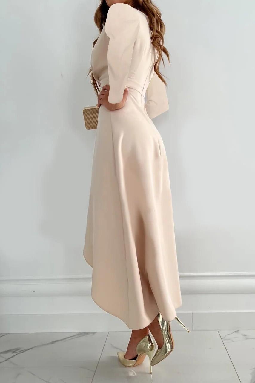 Sophisticated women's wrap midi dress with delicate ruffle detail, ideal for cocktail parties & special occasions.