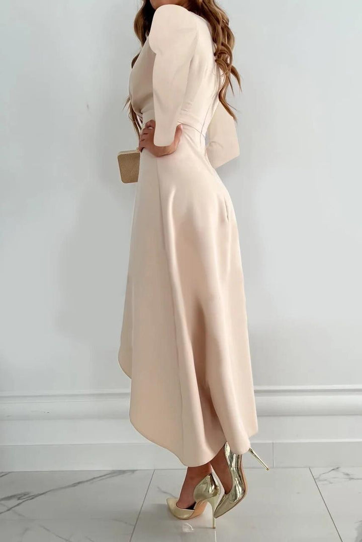 Sophisticated women's midi dress with a flattering wrap design and delicate ruffles, ideal for special occasions.