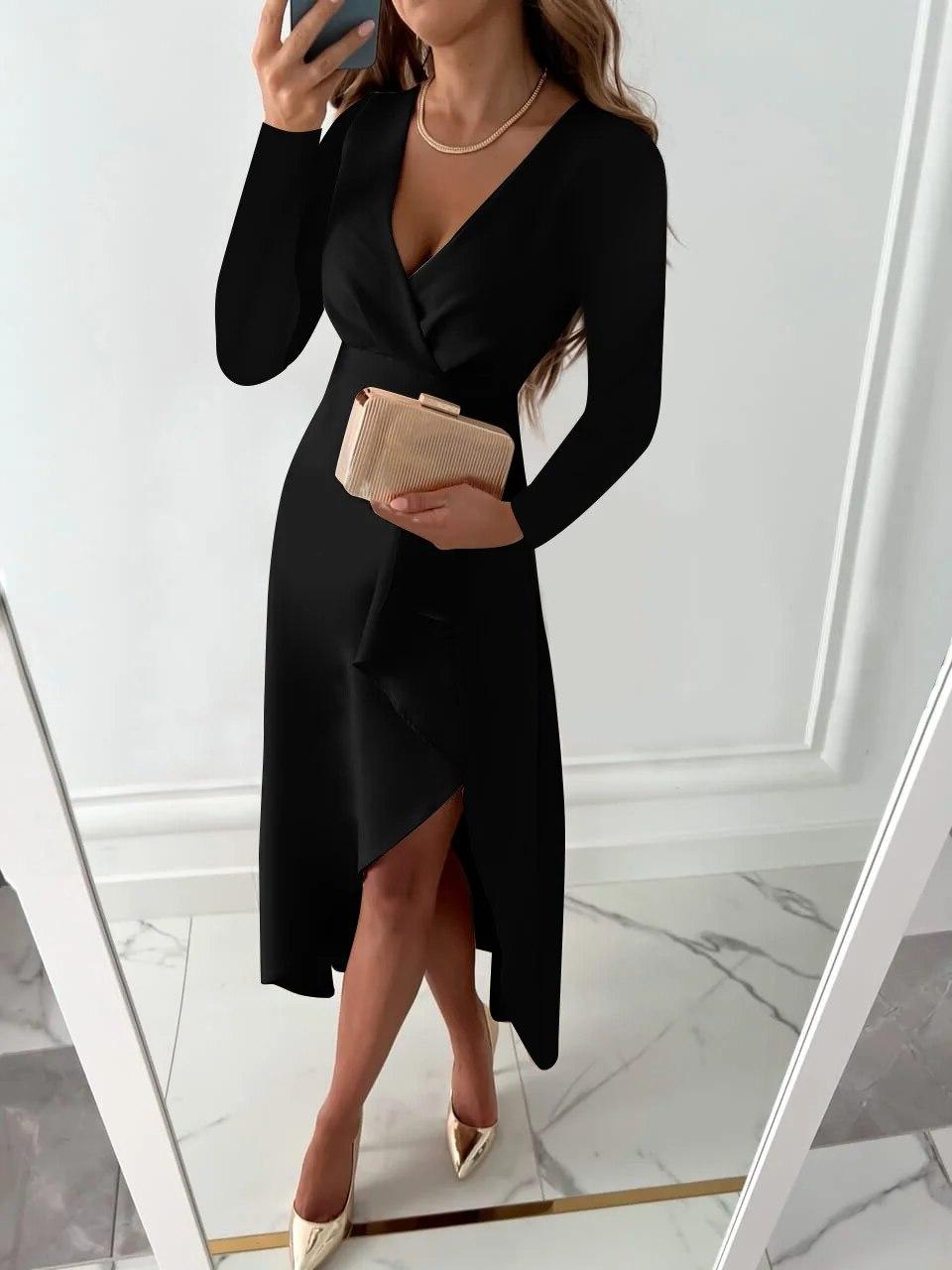Stylish women's long sleeve formal wrap midi dress with ruffle trim, great for elegant evening & occasion wear.