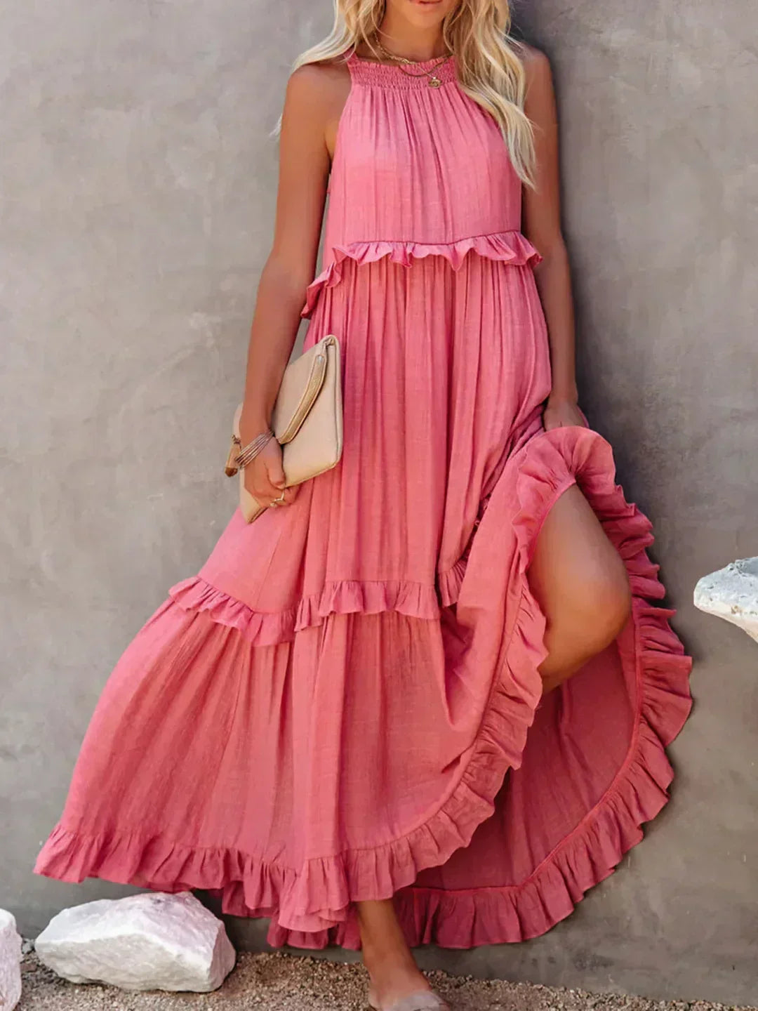Beautiful women's sleeveless midi dress, showcasing a lovely flowy design and delicate ruffles.