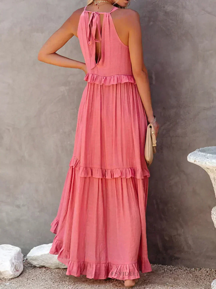 Breezy women's ruffled flowy sleeveless midi dress, an ideal choice for warm weather style.