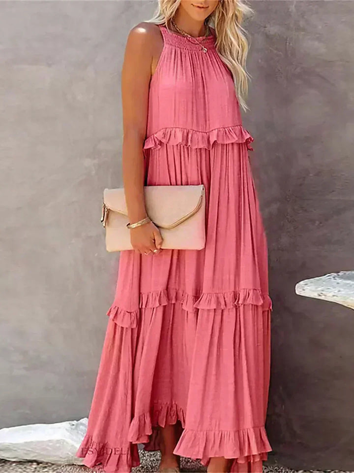 Get vacation-ready with this women's elegant ruffled flowy sleeveless midi dress.