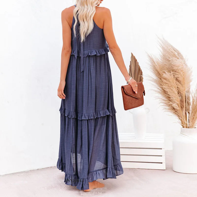 Dress up or down: women's comfortable flowy midi dress, sleeveless, featuring elegant ruffles.