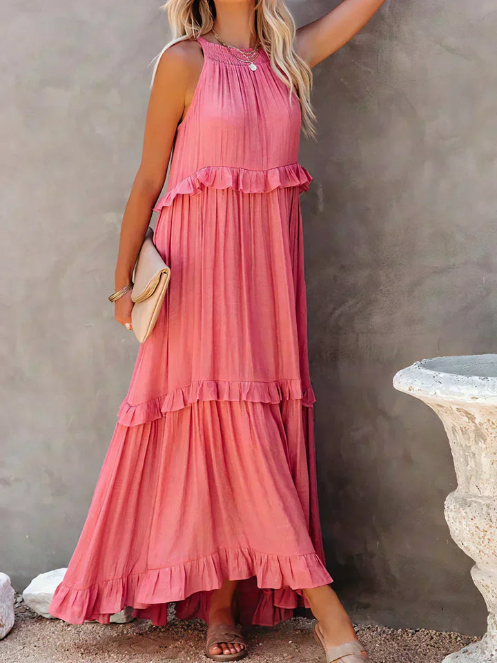 Comfortable women's sleeveless midi dress with elegant ruffles & a flowy silhouette.