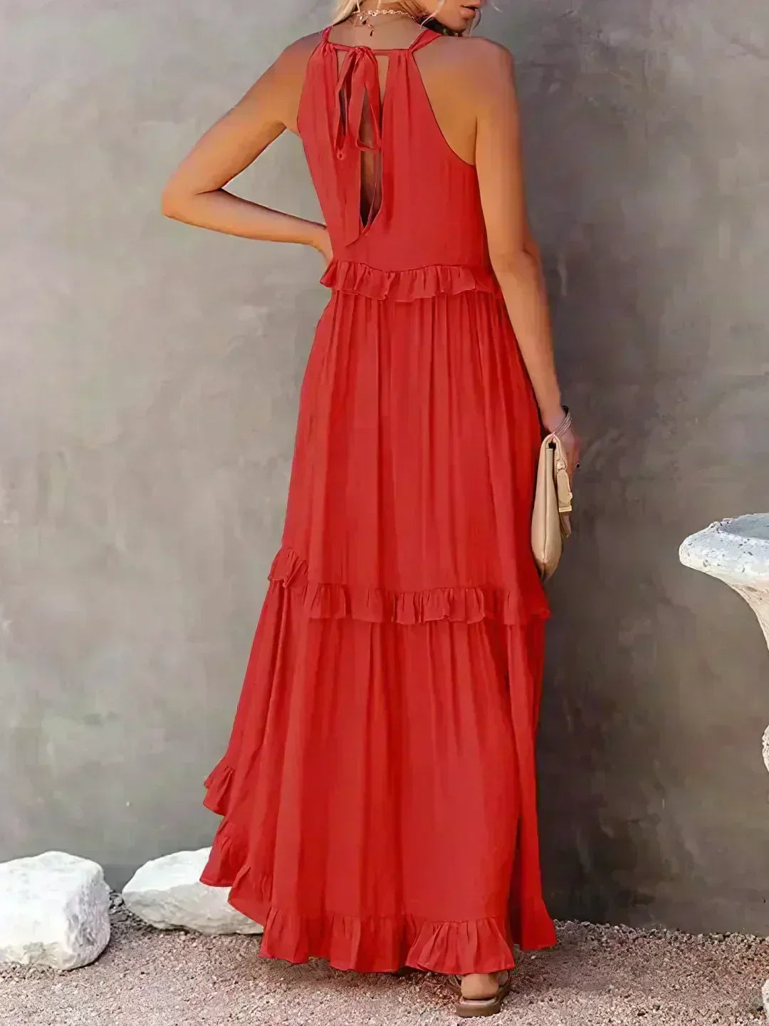 Your go-to women's summer midi dress: ruffled, flowy, sleeveless, and effortlessly chic.