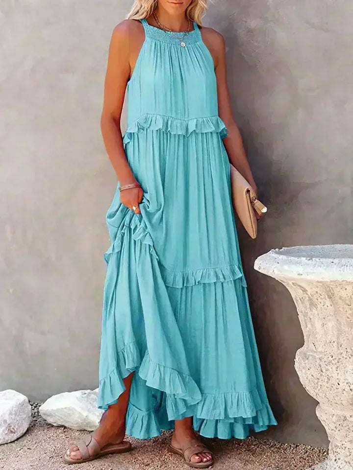 Casual yet elegant women's ruffled flowy midi dress, ideal for everyday summer wear.