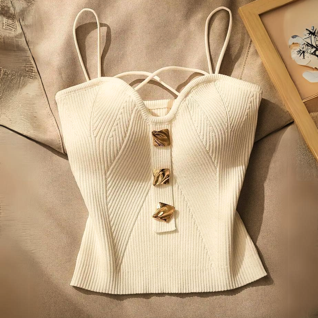 Elegant women's sculpted corset top with adjustable straps & gold hardware, perfect for going out.