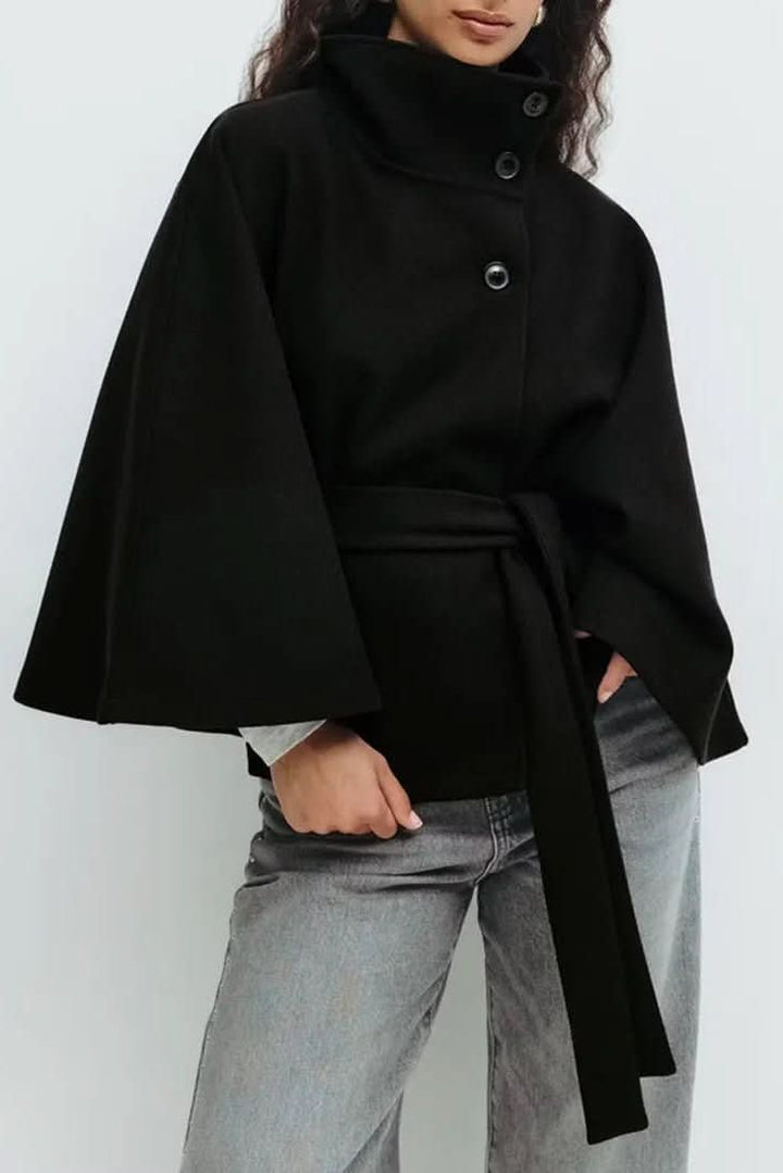 Elegant women's self-tie cape with oversized draped fit, perfect for sophisticated fall & winter layering.