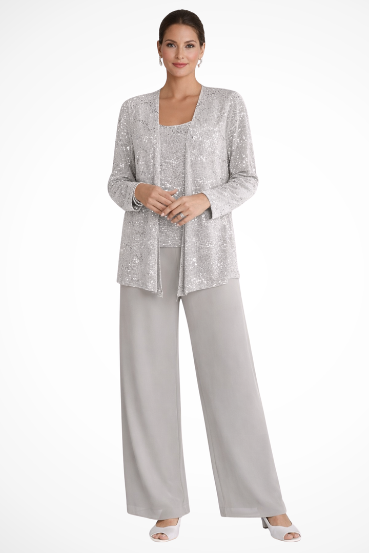Elegant women's sequin three-piece pant set. Features wide-leg pants, top & cardigan for formal evening wear.