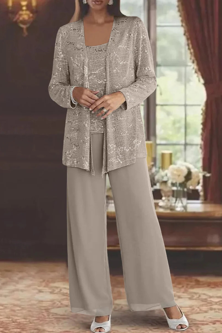 Comfortable yet elegant women's sequin three-piece set. Wide-leg pants, top & cardigan for formal events.