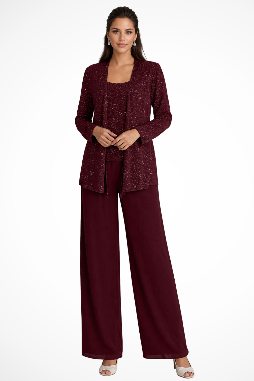 Shimmering women's sequin three-piece pant set. Includes wide-leg pants, top & cardigan for glamorous evening wear.