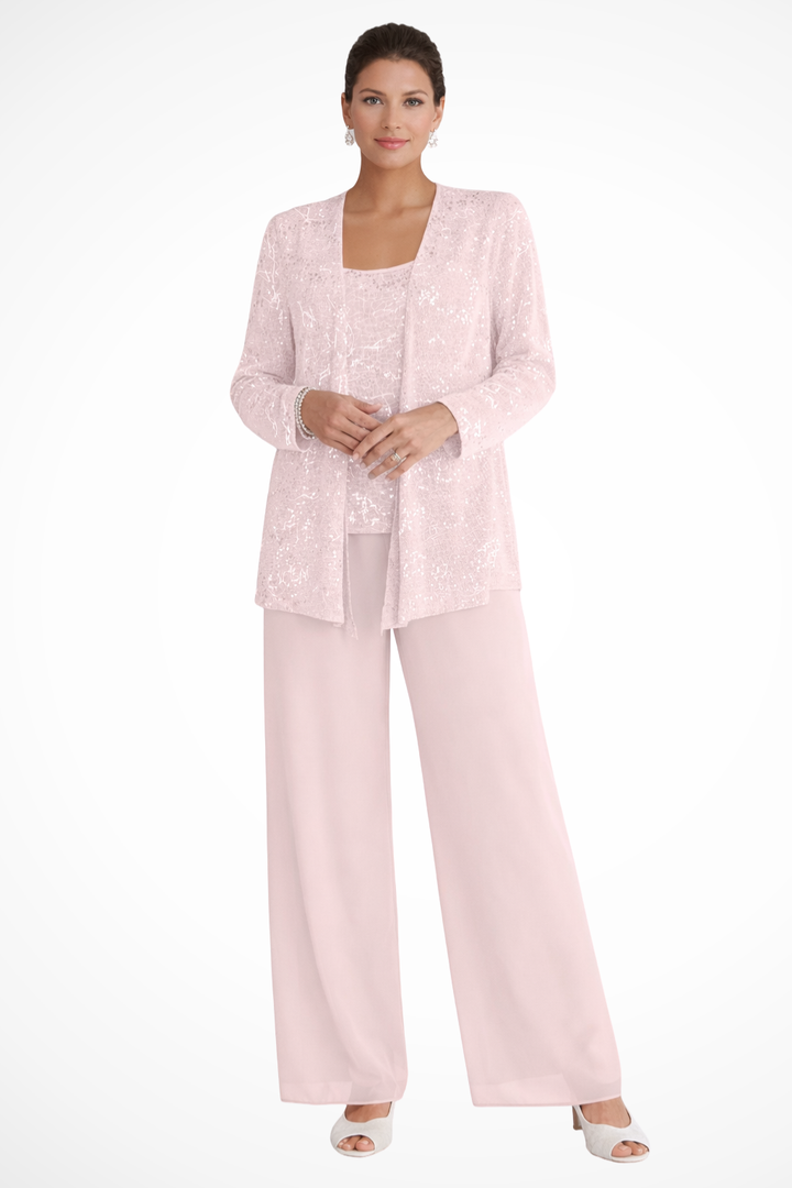 Back view of women's sequin three-piece set, showing the elegant wide-leg pants and sparkling cardigan.