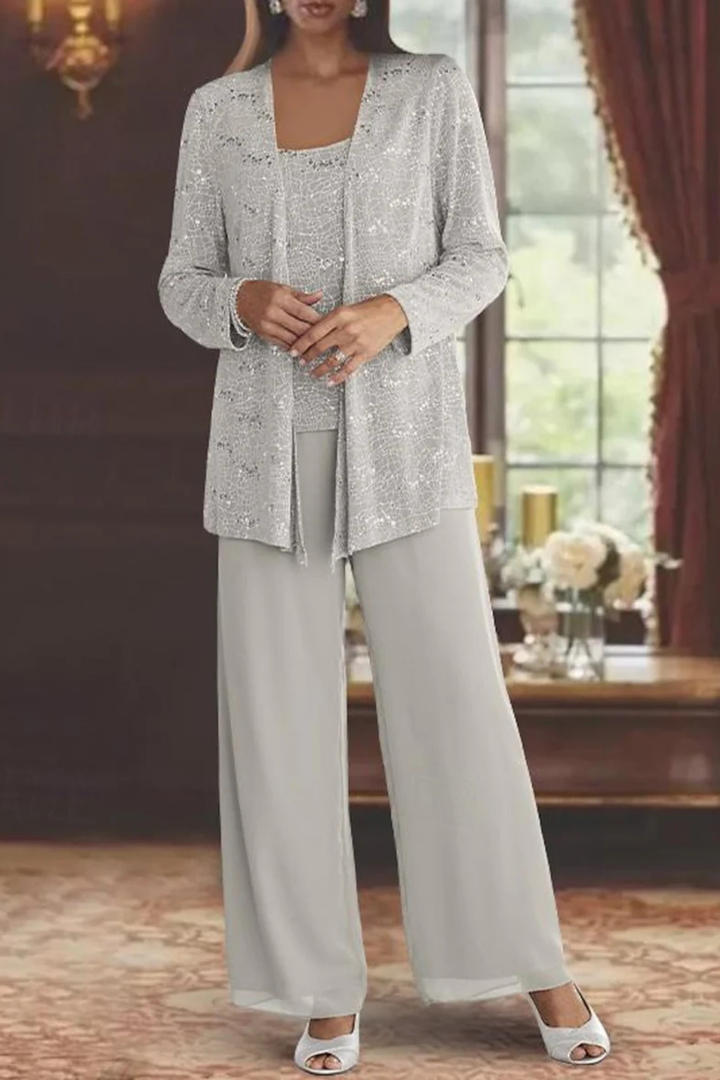 Shimmering sequin fabric detail on a women's three-piece pant set, perfect for elegant party outfits.