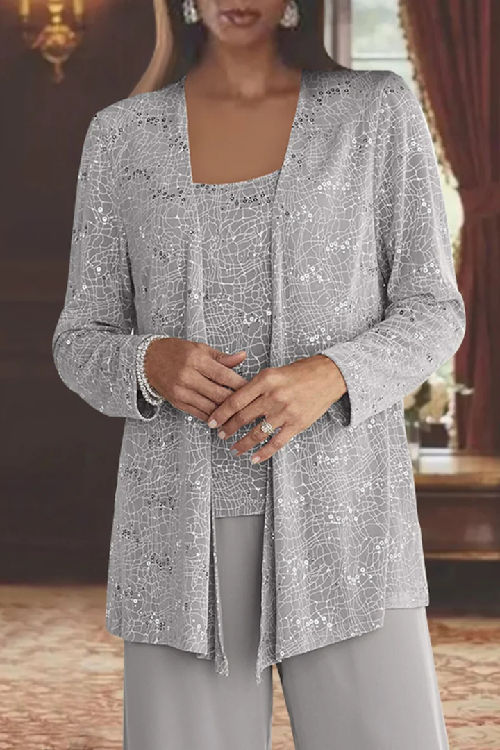 Glamorous women's sequin three-piece set: wide-leg pants, top, and cardigan. Ideal for formal evening events.
