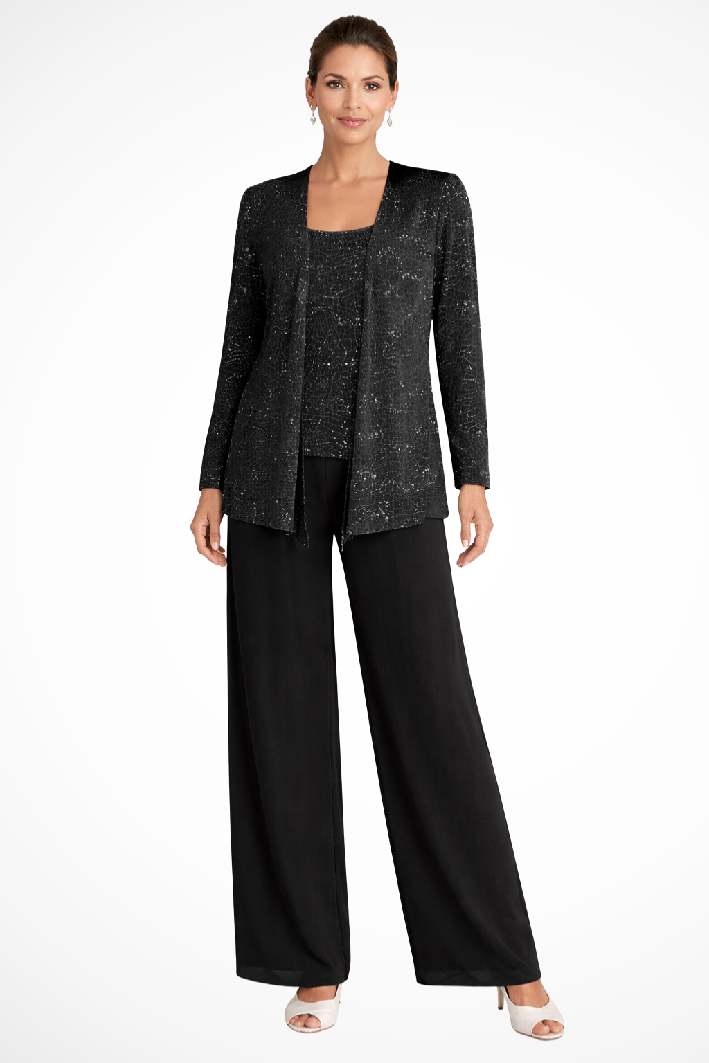 Elegant sequin cardigan for women's three-piece pant set. Adds a touch of sparkle to evening party outfits.