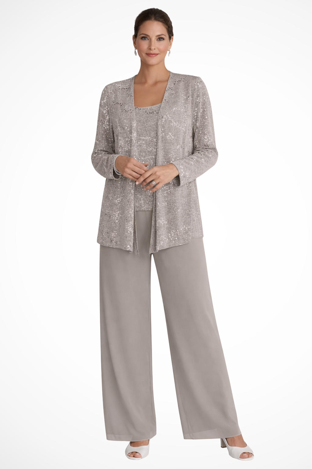 Dazzling women's sequin three-piece party outfit with wide-leg pants and an elegant cardigan for evening.