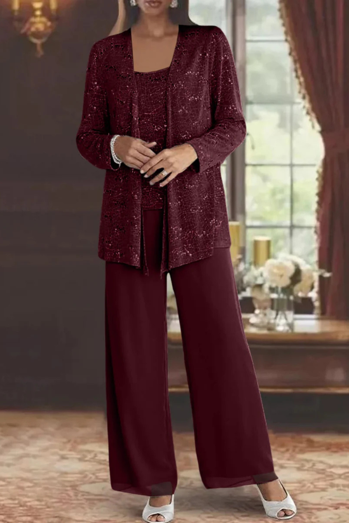Elegant women's 3-piece formal suit featuring a dazzling sequin top & sophisticated wide-leg pants.