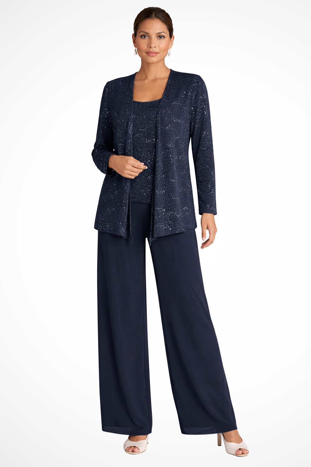 Full-length view of an elegant women's sequin wide-leg 3-piece suit, ready for special occasions.
