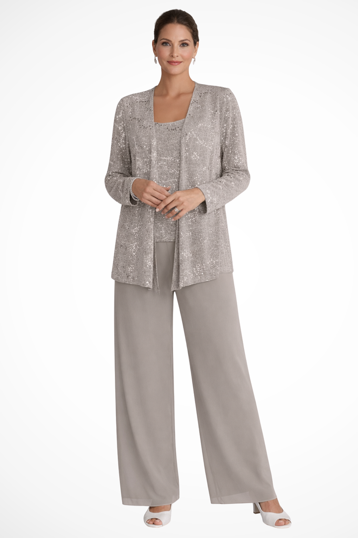 Women's formal wide-leg suit with sequin detail. This elegant 3-piece set is perfect for parties.