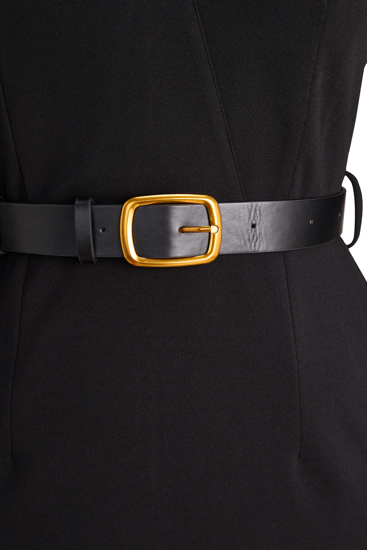 Elegant women's mandarin collar sheath dress, belted for a tailored look. Perfect for evening events.