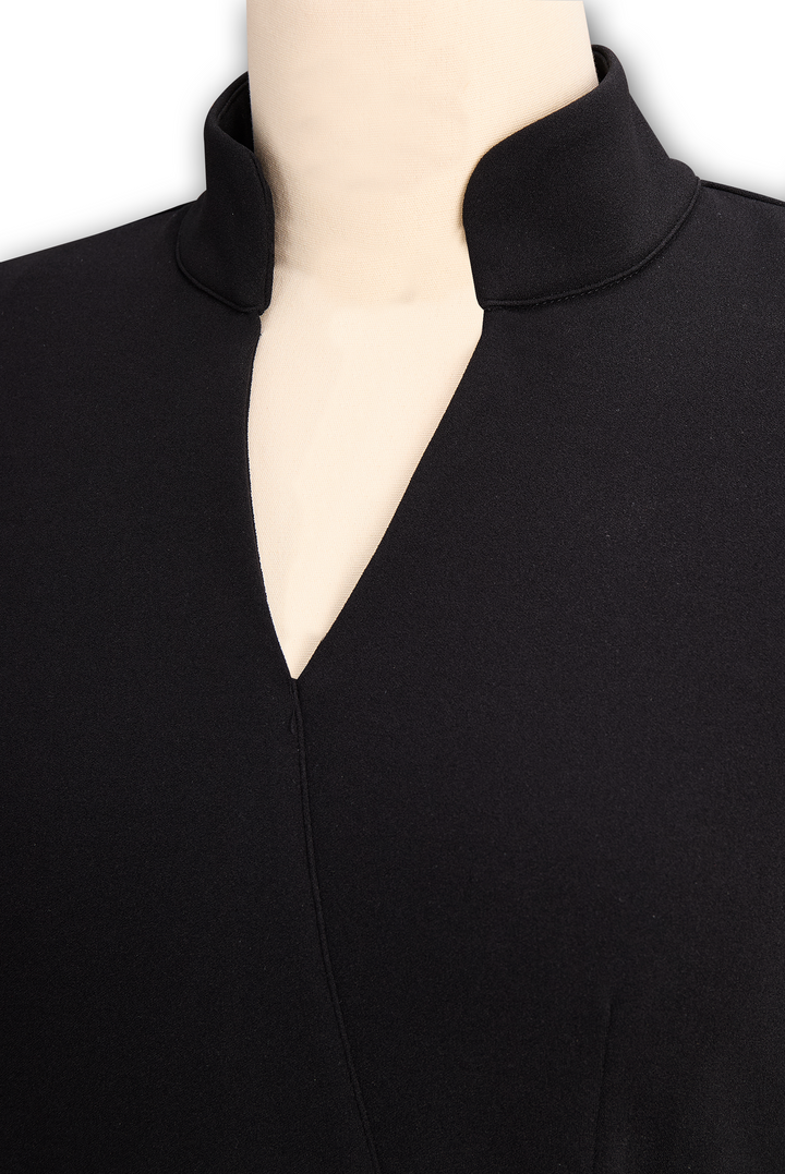 Sophisticated women's office midi dress: sheath design, mandarin collar, and a chic belt.