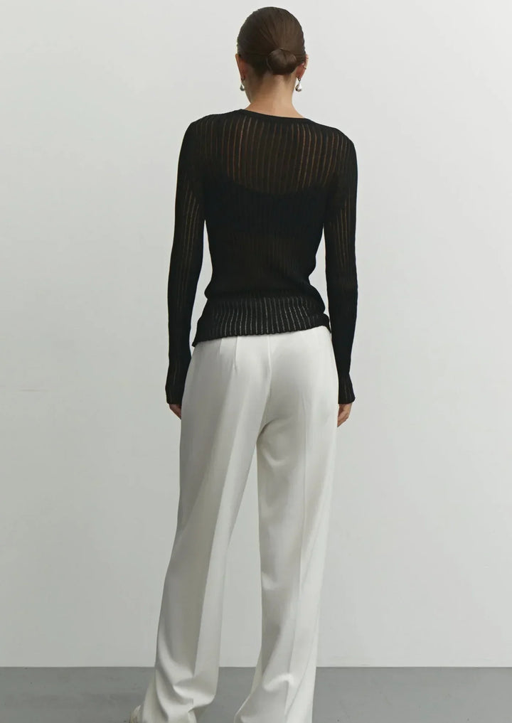 Close-up of a flattering sheer ribbed women's long sleeve top, highlighting the delicate texture.
