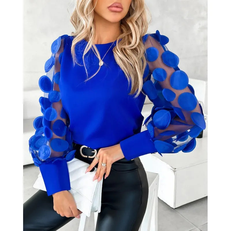 Stylish women's round neck blouse featuring delicate sheer long sleeves and intricate appliqué detail.