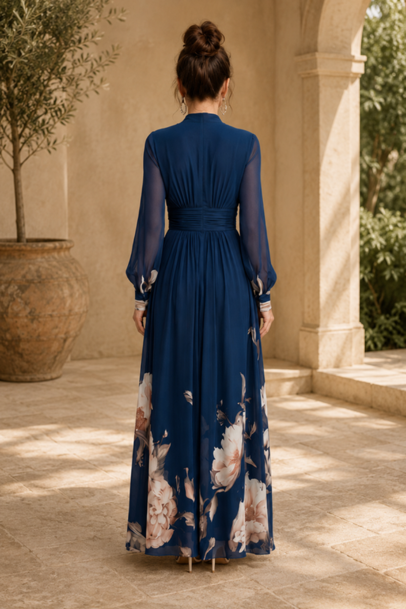 Sophisticated women's long sheer sleeve a-line maxi dress, featuring pleats for a refined, formal look.