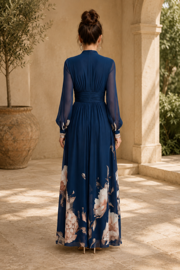 Sophisticated women's long sheer sleeve a-line maxi dress, featuring pleats for a refined, formal look.