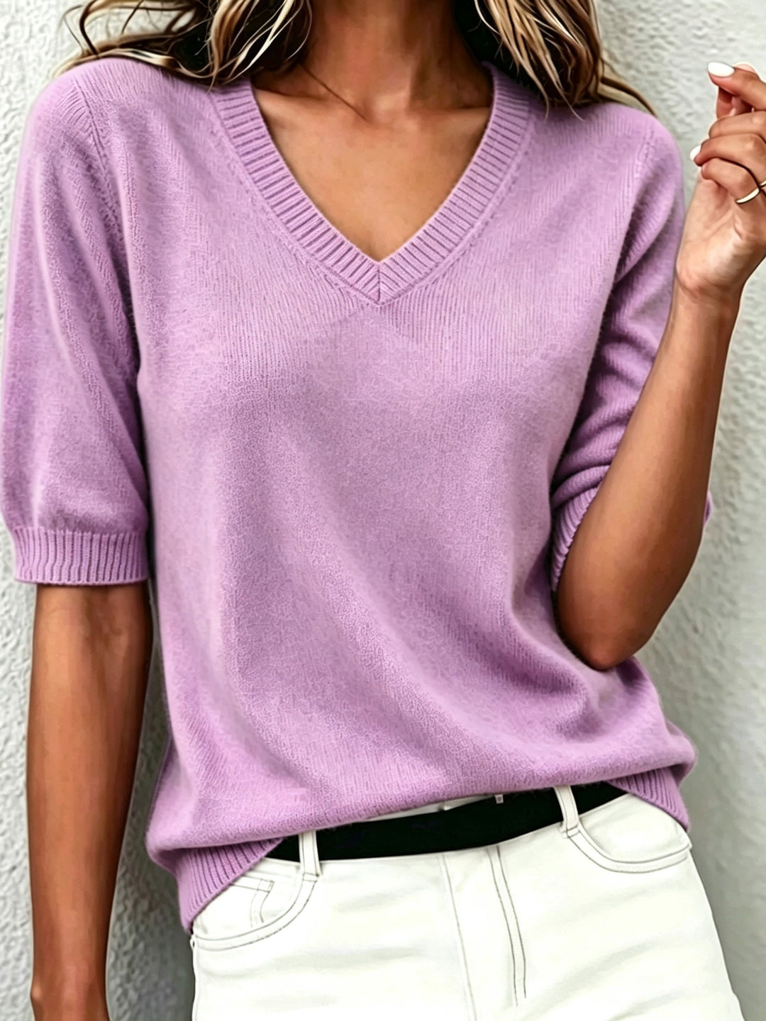 Elegant women's short-sleeve V-neck sweater with ribbed collar, perfect for smart casual & office wear.