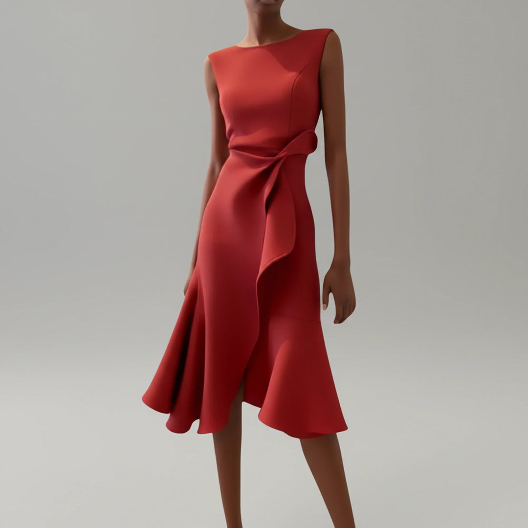 Elegant women's sleeveless A-line midi dress, perfect for summer sophistication & comfort.