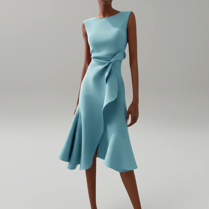 Effortlessly elegant women's A-line midi dress, sleeveless design perfect for warm weather & versatile styling.