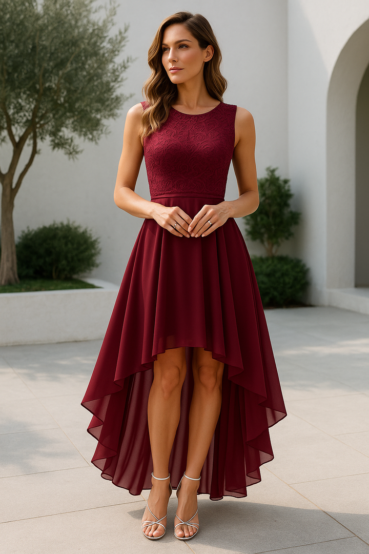 Elegant women's sleeveless asymmetrical high-low gown, perfect for formal events.