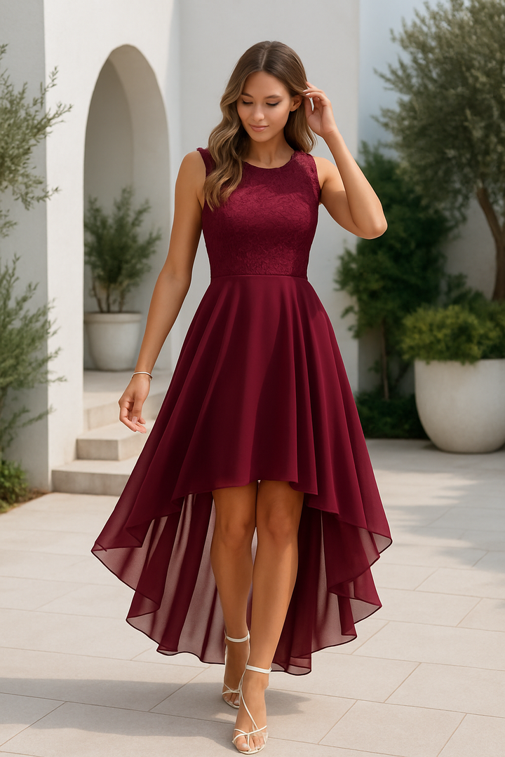 Sophisticated women's high-low cocktail dress with an asymmetrical hem and sleeveless design.