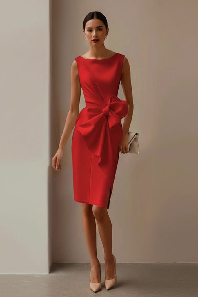 Chic pink bow back sleeveless cocktail dress for women, suitable for special occasions & formal events.