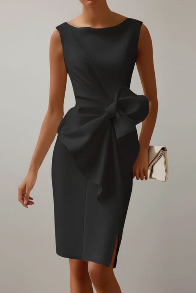 Tailored women's red cocktail dress, sleeveless design with a unique bow back, perfect for special occasions.