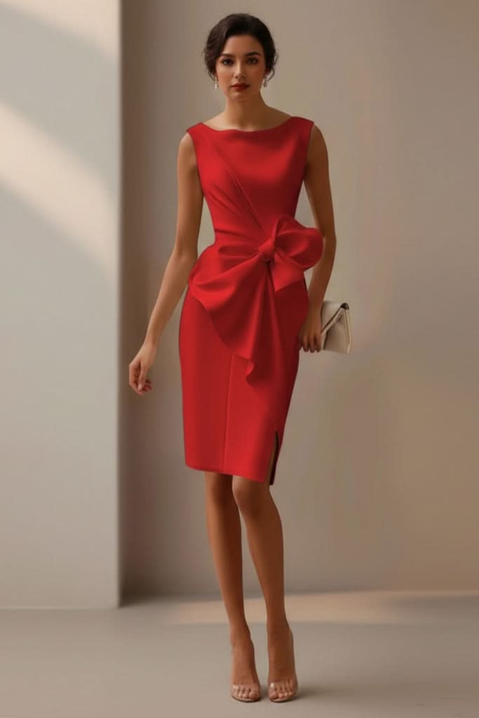 Formal black bow back cocktail dress for women, sleeveless and elegant, perfect for any special occasion.