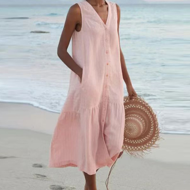Effortless style: Women's elegant sleeveless midi dress with button details, perfect for summer versatility.