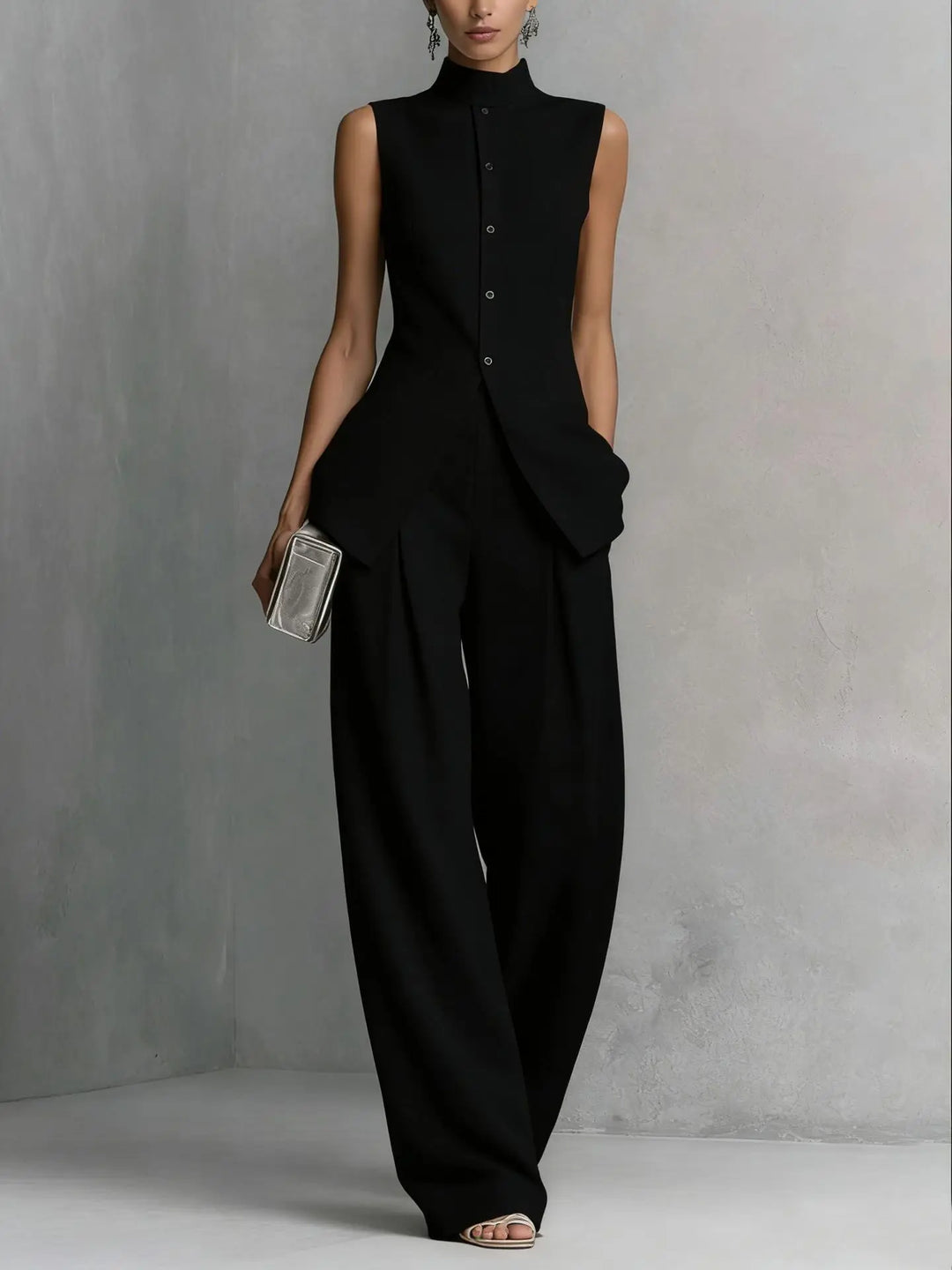 Elegant women's sleeveless high neck wide leg jumpsuit in black, perfect for formal events or party wear.