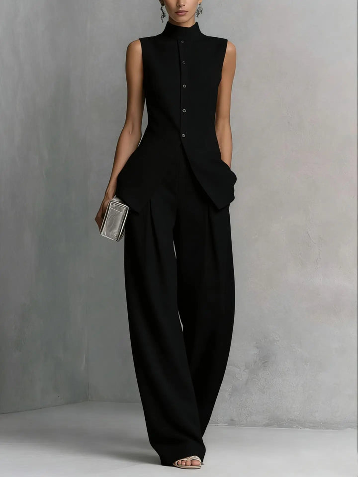 Elegant women's sleeveless high neck wide leg jumpsuit in black, perfect for formal events or party wear.