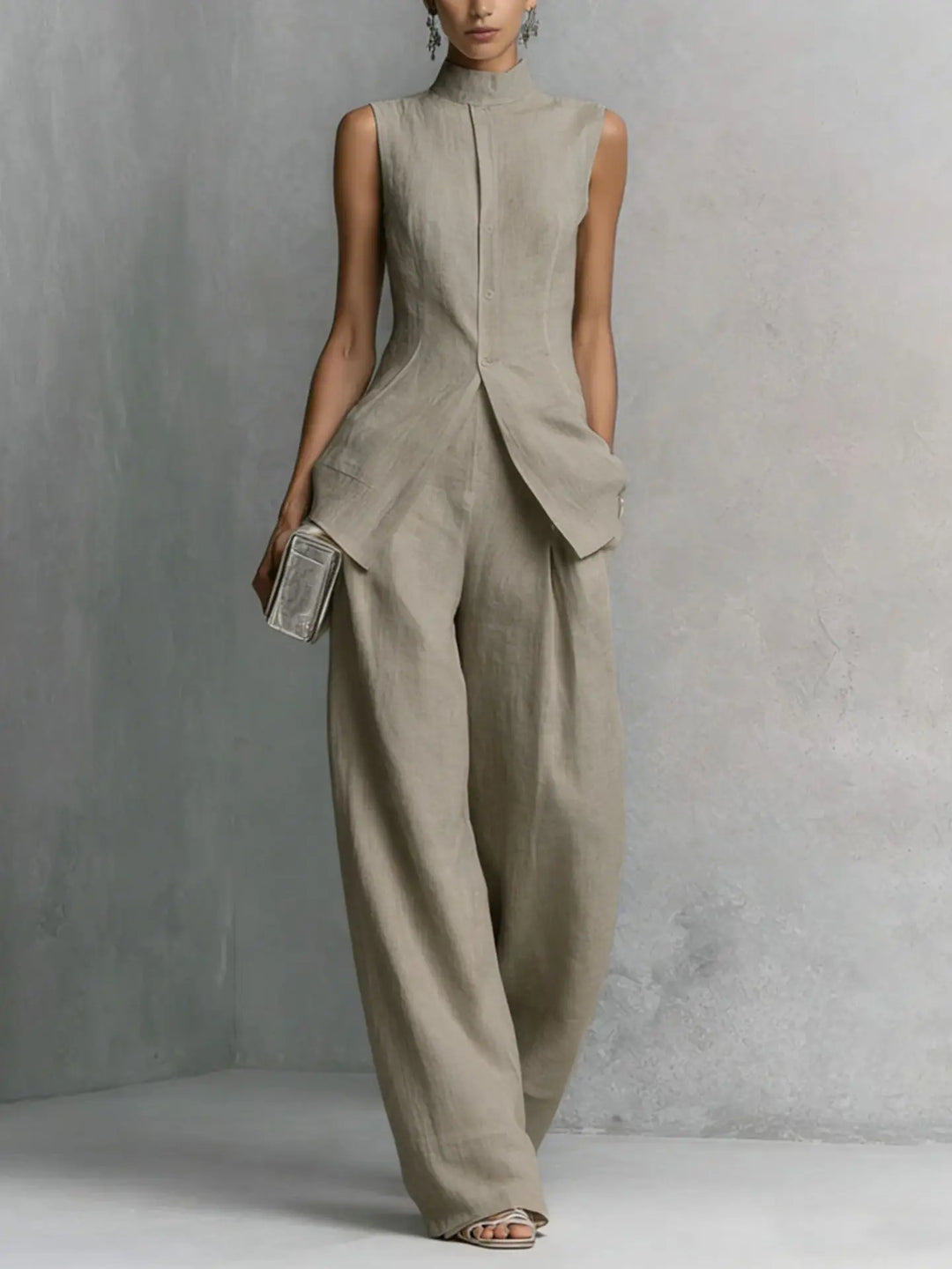 Stylish women's sleeveless high neck wide leg jumpsuit, a versatile alternative for cocktail or business chic.