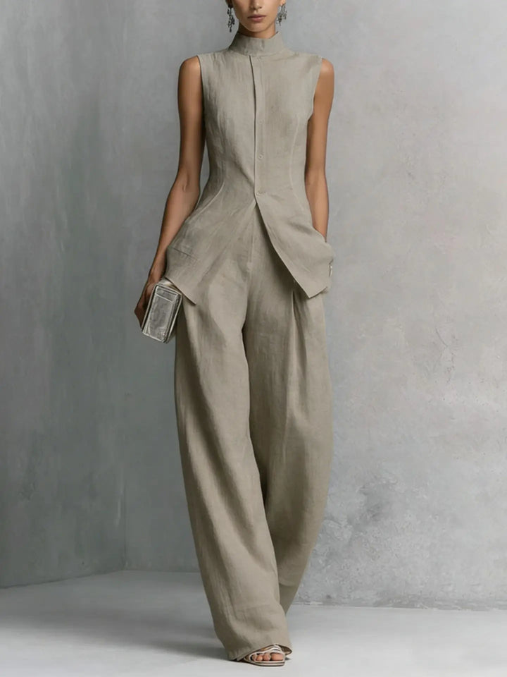 Stylish women's sleeveless high neck wide leg jumpsuit, a versatile alternative for cocktail or business chic.
