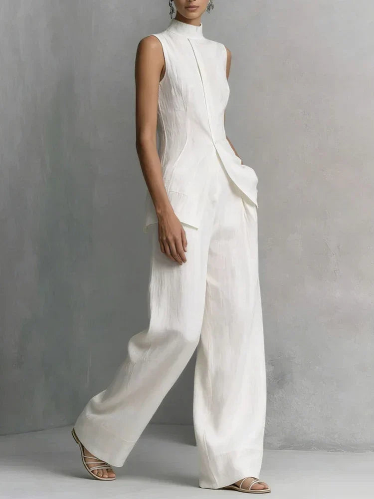 Comfortable women's sleeveless high neck wide leg jumpsuit, a modern elegant choice for any special occasion.