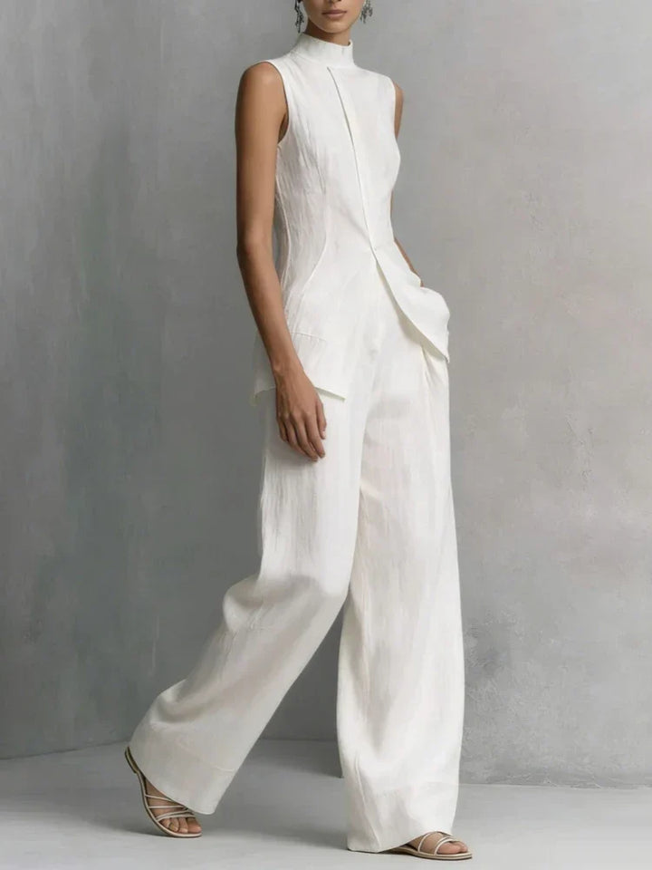 Comfortable women's sleeveless high neck wide leg jumpsuit, a modern elegant choice for any special occasion.
