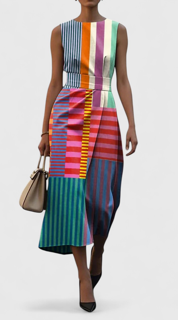 Statement women's color block geometric patchwork striped midi dress. Sleeveless, elegant day-to-night summer wear.