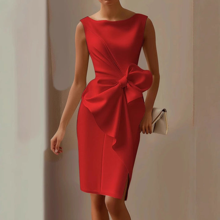 Designer-style elegant sleeveless party dress for women, featuring a chic asymmetrical hem and bow accent.